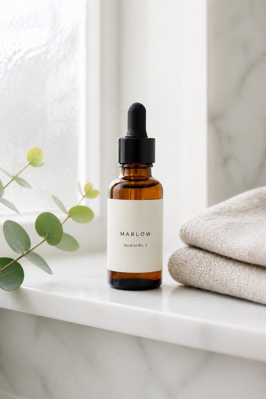 Generated still: the bottle on a marble shelf beside a linen towel and eucalyptus
