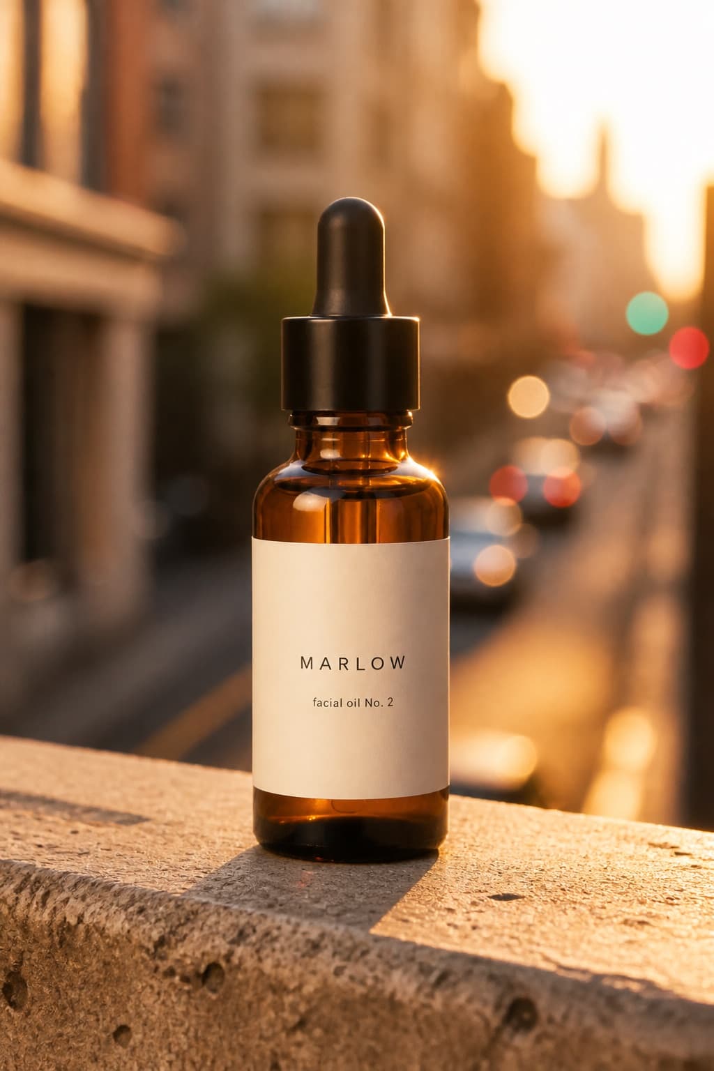Generated still: the bottle on a concrete ledge at golden hour with a blurred street behind