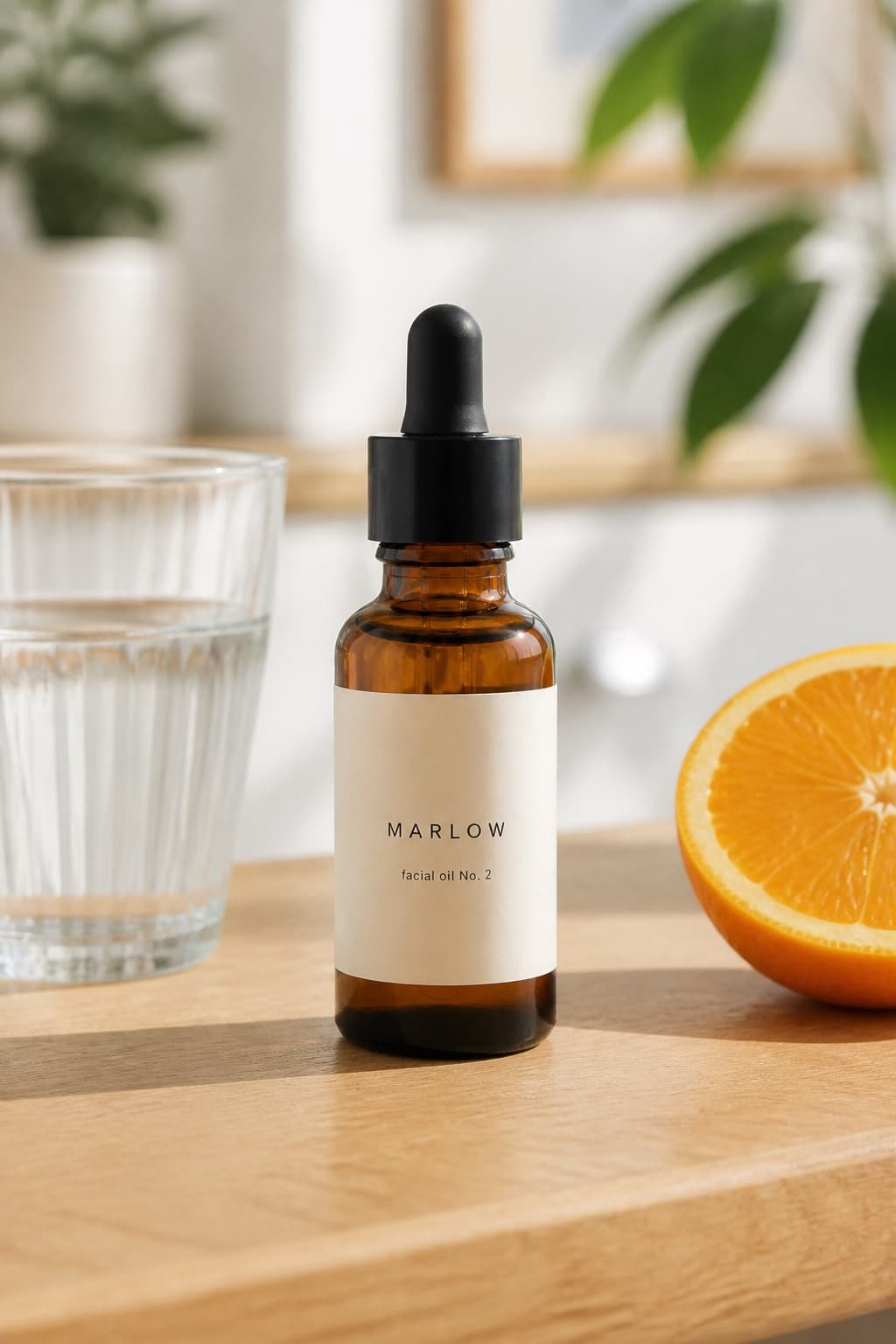 Generated still: the bottle on an oak counter with a glass of water and a sliced orange