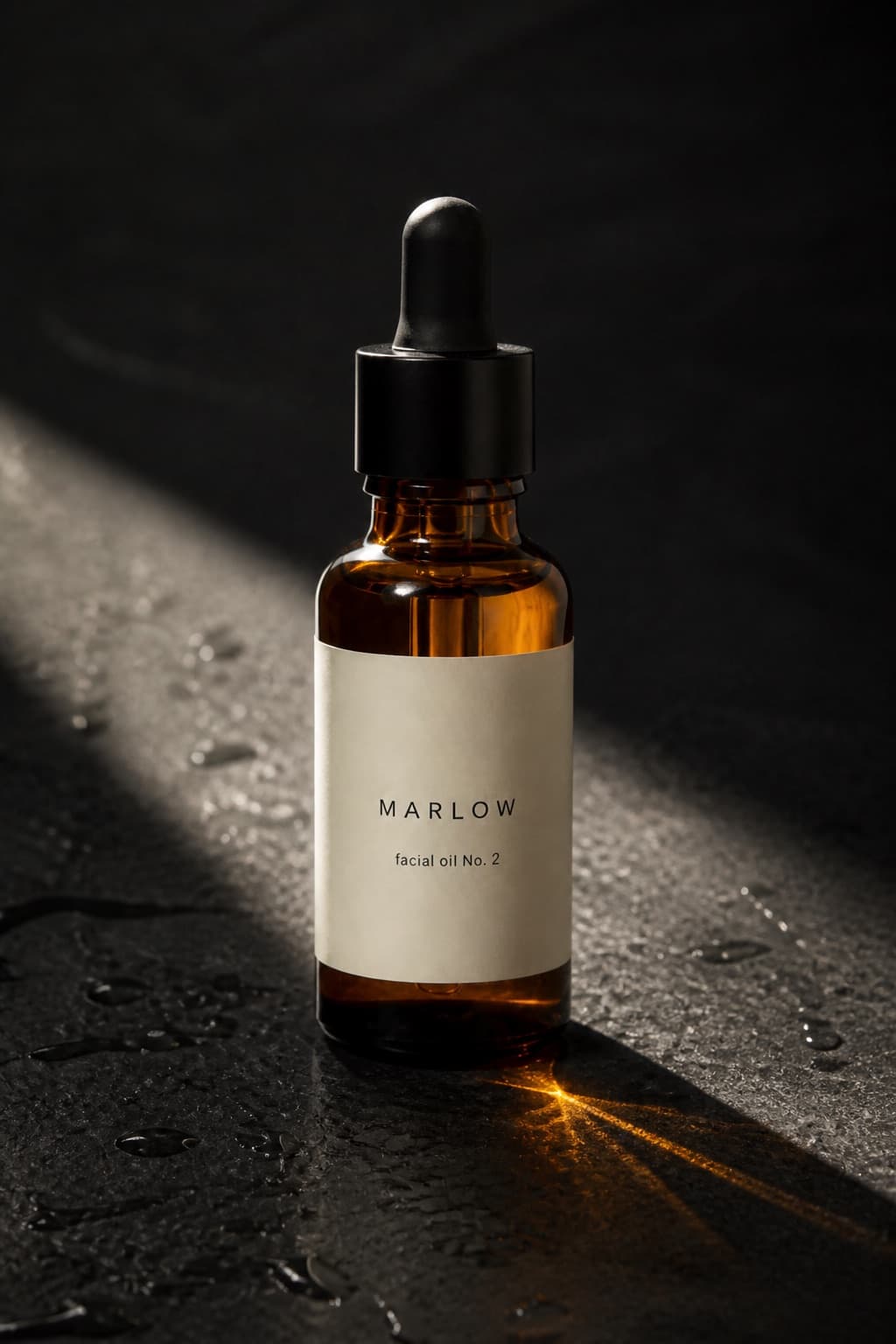 Generated still: the bottle on wet slate with a hard diagonal beam of light