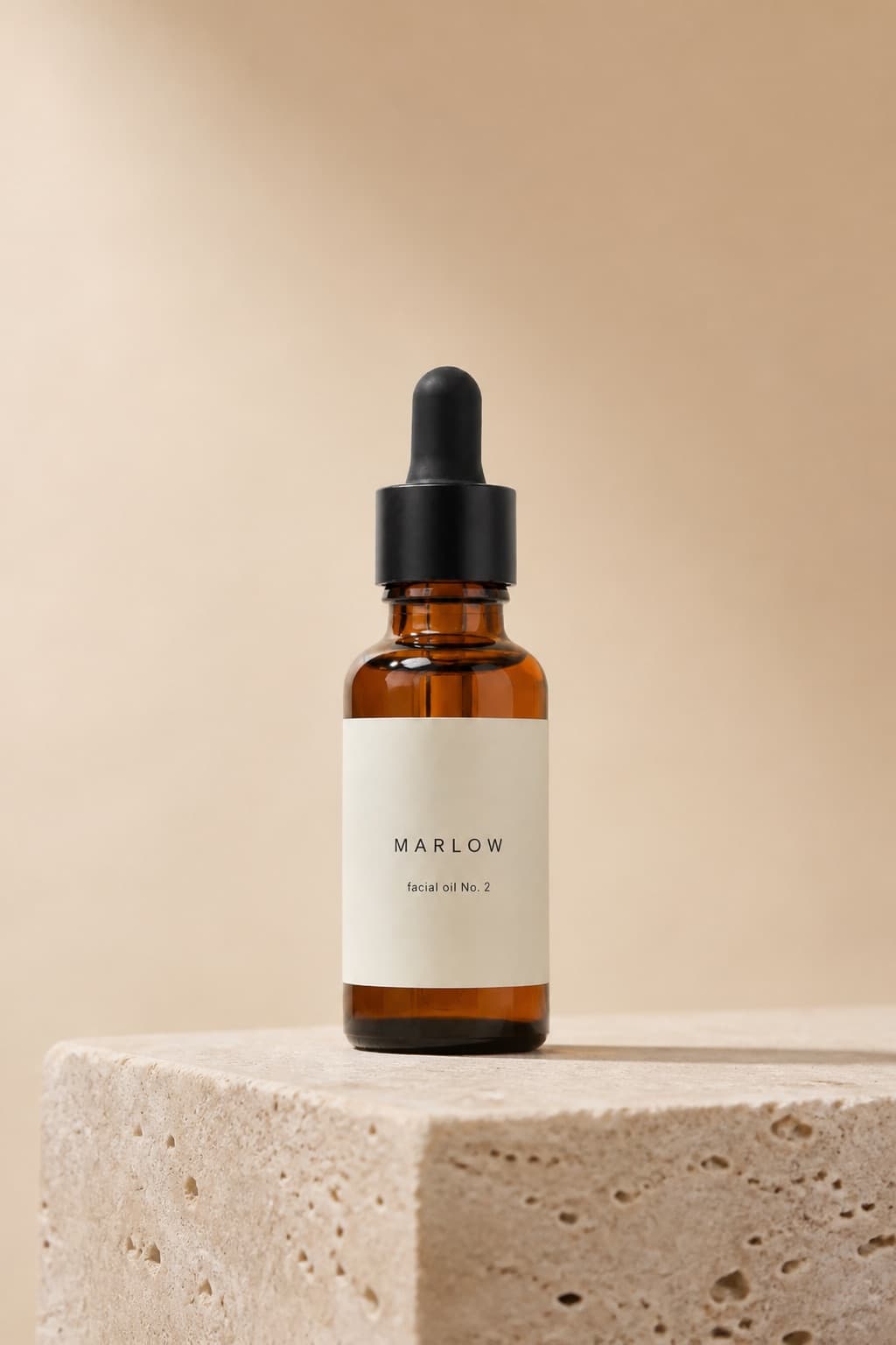 Generated still: the bottle on a travertine pedestal against a warm studio backdrop