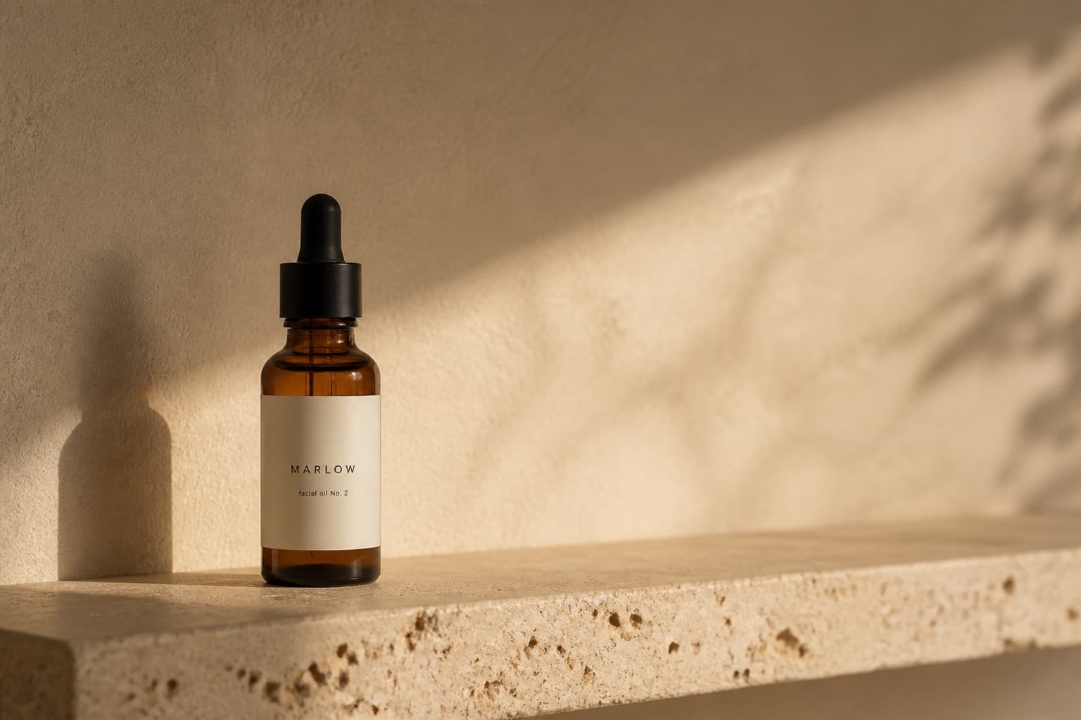 Generated campaign still of the same amber serum bottle on a stone shelf in raking afternoon light
